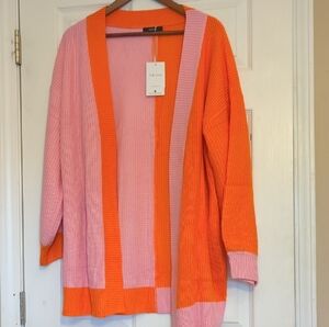 Women's Pink & Orange Colorblock Open Cardigan Sweater